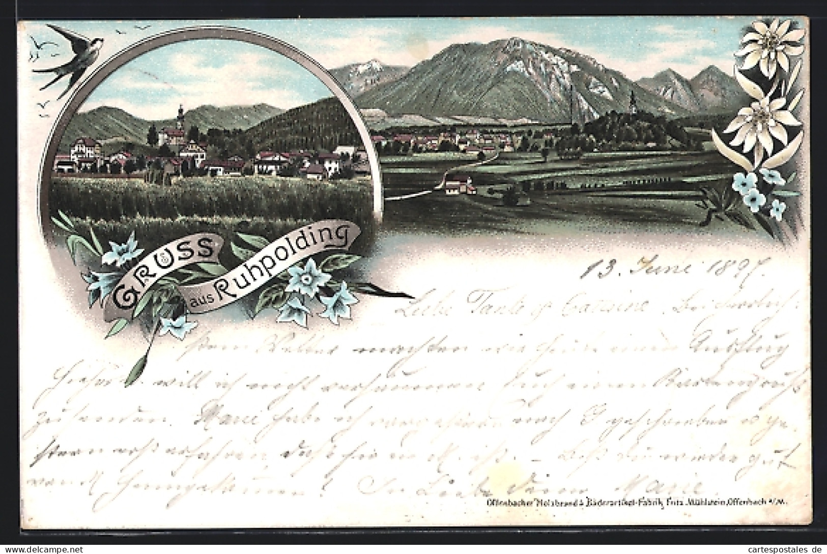 Lithographie Ruhpolding, Teilansicht, Ortspartie Mit Kirche  - Ruhpolding