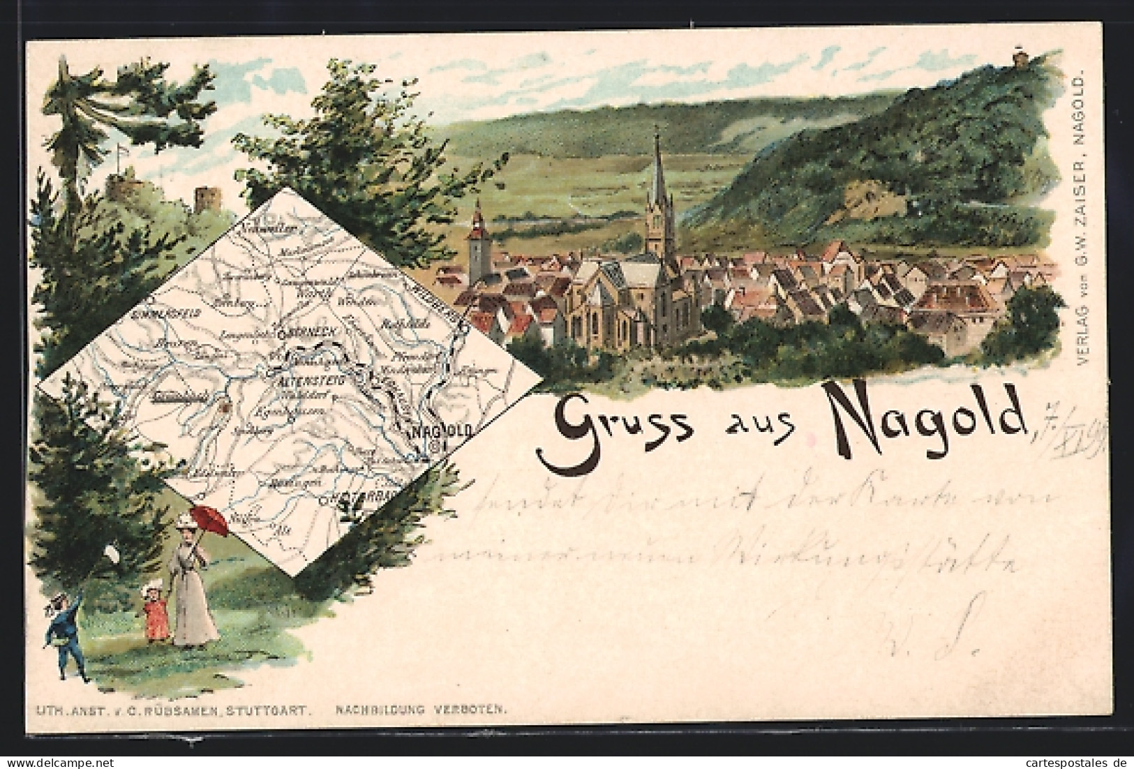 Lithographie Nagold, Teilansicht Mit Kirche, Landkarte Mit Berneck, Altensteig Und Simmersfeld  - Nagold