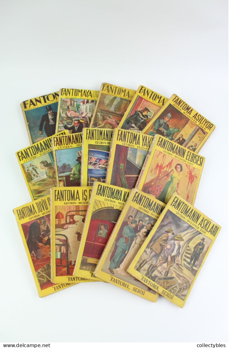 FANTOMAS Turkish Book Series 1940s COMPLETE SET 1-15 Marcel Allain FANTOMA Pierre Souvestre FREE SHIPPING Fantômas RARE - Oude Boeken