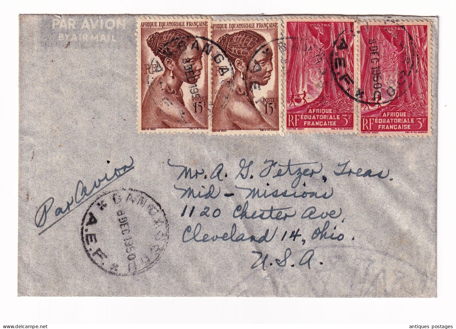 Lettre 1950 AEF Bangassou République Centrafricaine Cleveland Ohio USA  Afrique Equatoriale Française - Lettres & Documents