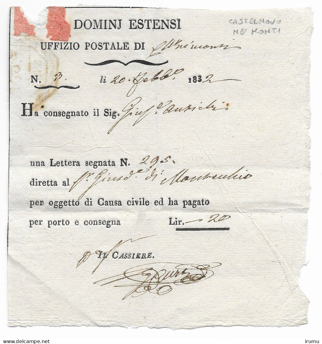 Castelnovo 1832 - Receipt For Registered Mail?  (SN 2946) - ...-1850 Préphilatélie