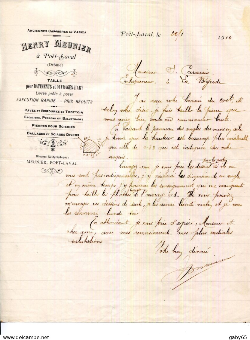 FACTURE.26.DRÔME.POËT-LAVAL.ANCIENNES CARRIÈRES DE VARIZA.TAILLE POUR BATIMENTS & OUVRAGES D'ART.HENRY MEUNIER. - Other & Unclassified