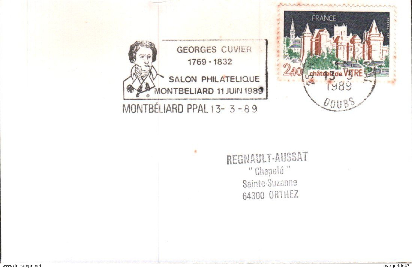 1 ER JOUR FLAMME GEORGES CUVIER SALON PHILA MONTBELIARD 1989 - Mechanical Postmarks (Advertisement)