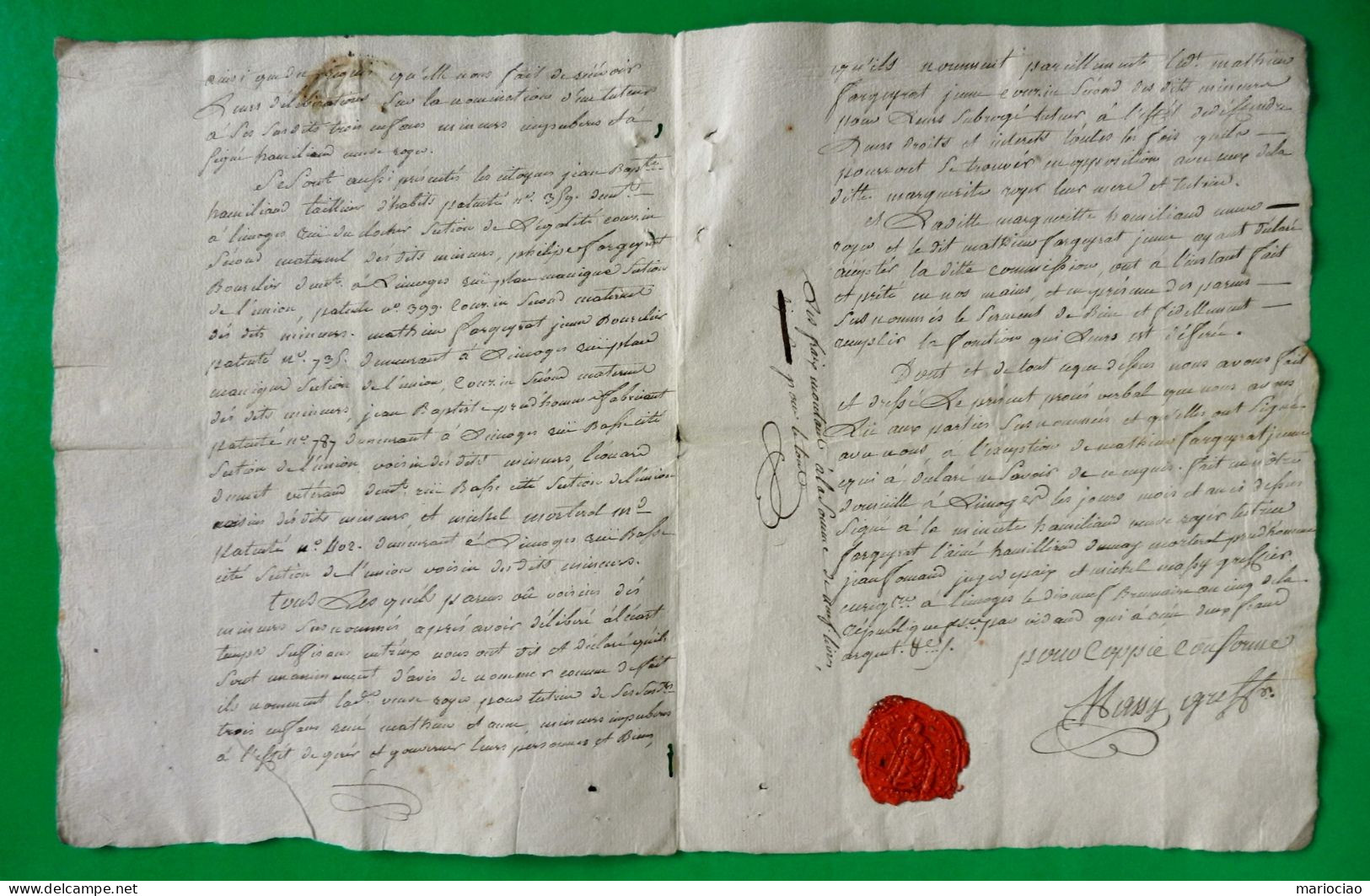 D-FR Limoges 1796 Juge De Paix Nomination D'une Tutrice Et Un Curateur Sceau Révolution En Cire - Documents Historiques