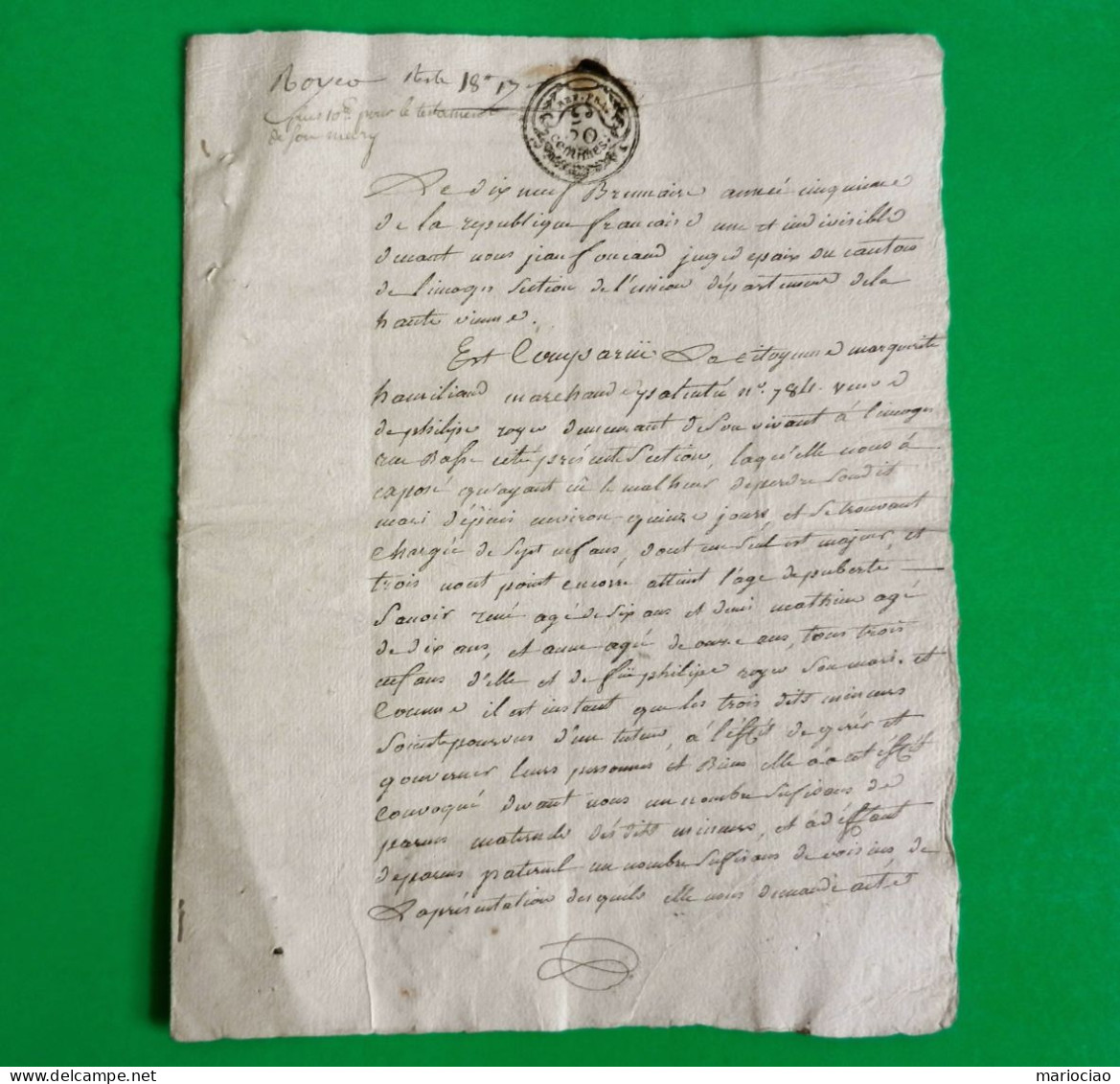 D-FR Limoges 1796 Juge De Paix Nomination D'une Tutrice Et Un Curateur Sceau Révolution En Cire - Documents Historiques