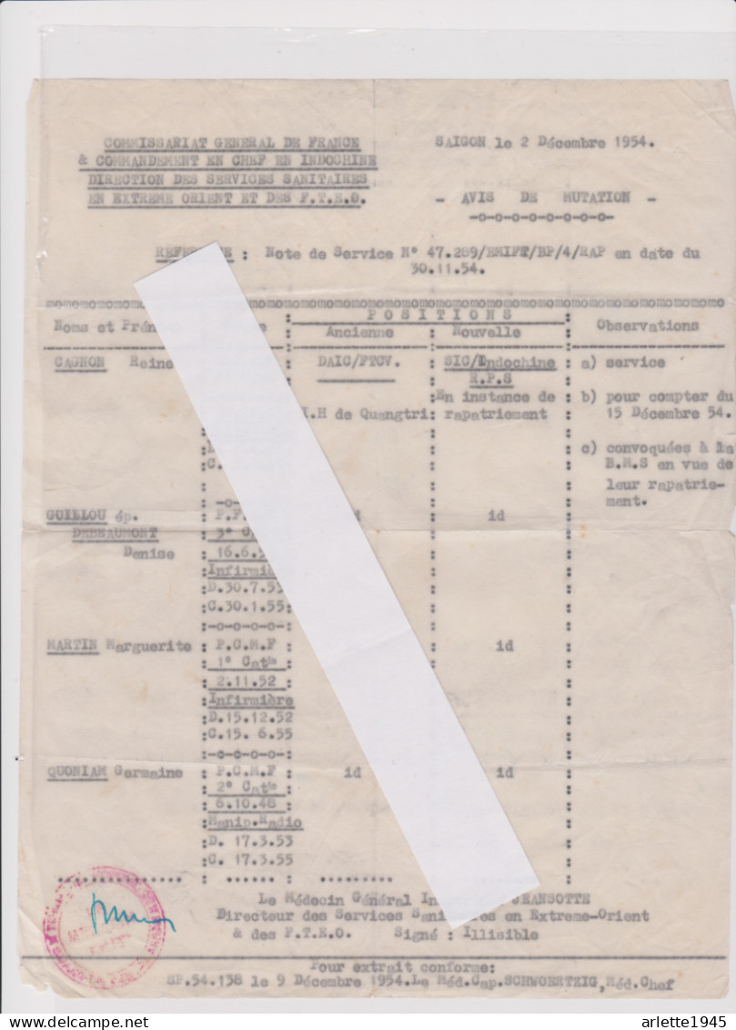 COMMANDANT EN CHEF EN INDOCHINE SAIGON AVIS DE MUTATIONS INFIRMIERES 1954 - Dokumente