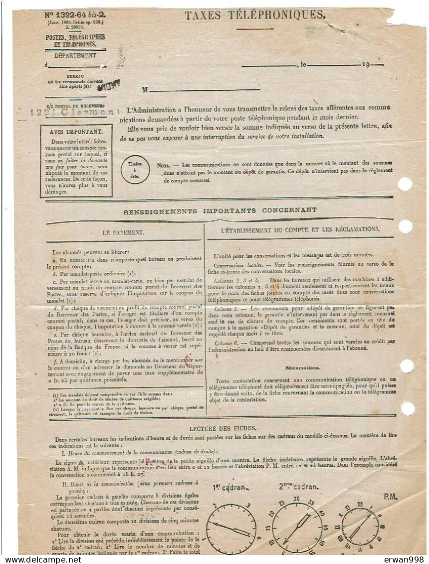 03 VICHY Imprimé PTT N° 1392-64 Bis - Avec Cachet Manuel Du 07/06/1936 Taxes Téléphoniques 1206 - Telegramas Y Teléfonos