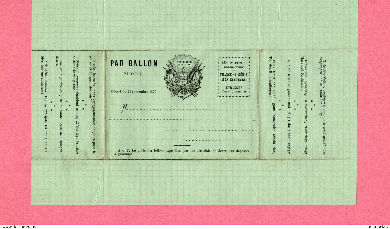 D-FR MONTGOLFIERE Envoi Par Ballon Monté Décret Du 26 Septembre 1870 Papier Vert (B1) - Documents Historiques