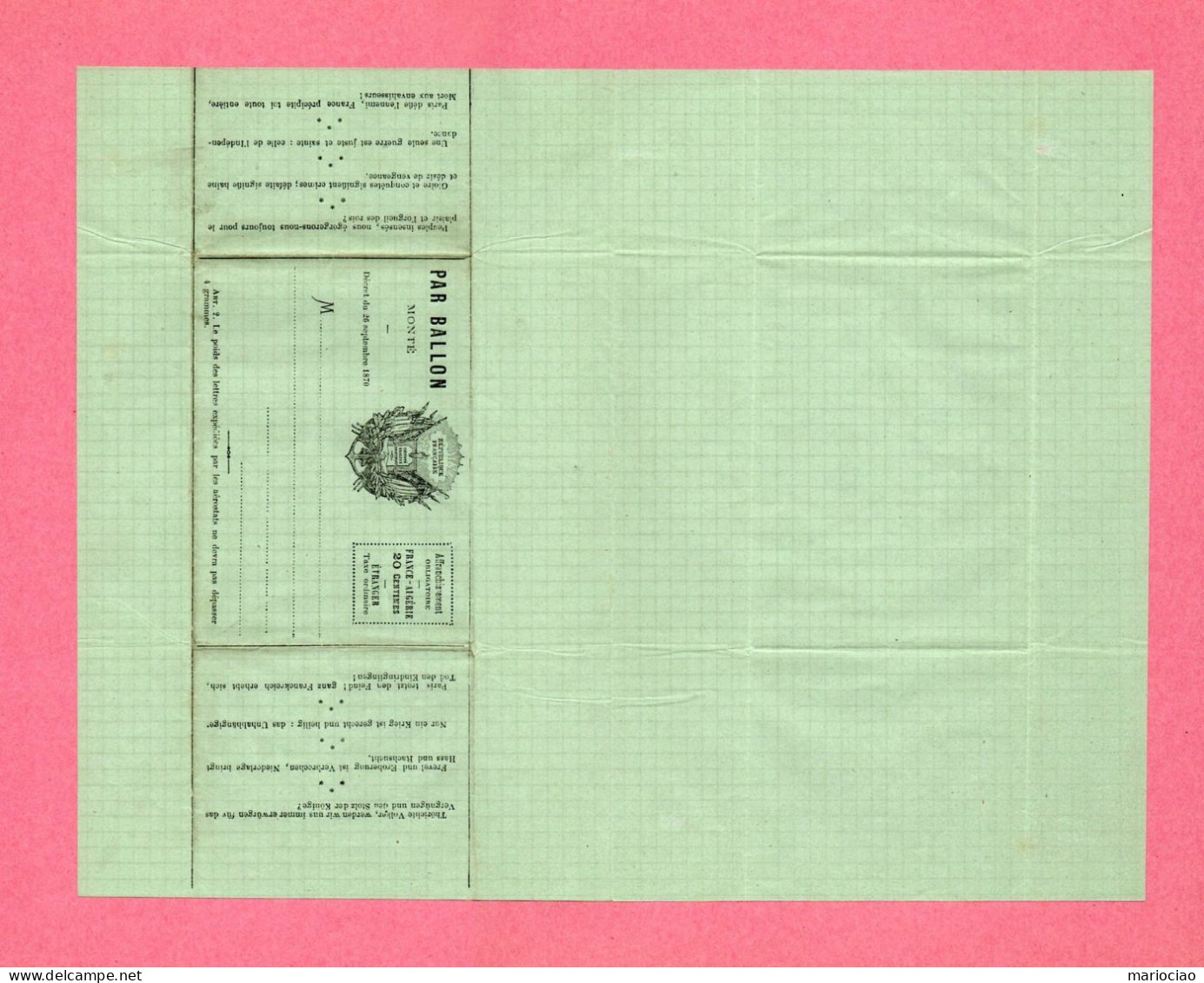 D-FR MONTGOLFIERE Envoi Par Ballon Monté Décret Du 26 Septembre 1870 Papier Vert (B1) - Documents Historiques