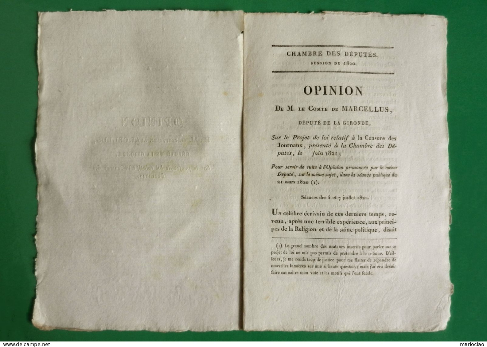 D-FR Opinion De M. Le Comte De Marcellus,député De La Gironde,sur Le Projet De Loi Relatif à La Censure Des Journaux - Historische Dokumente