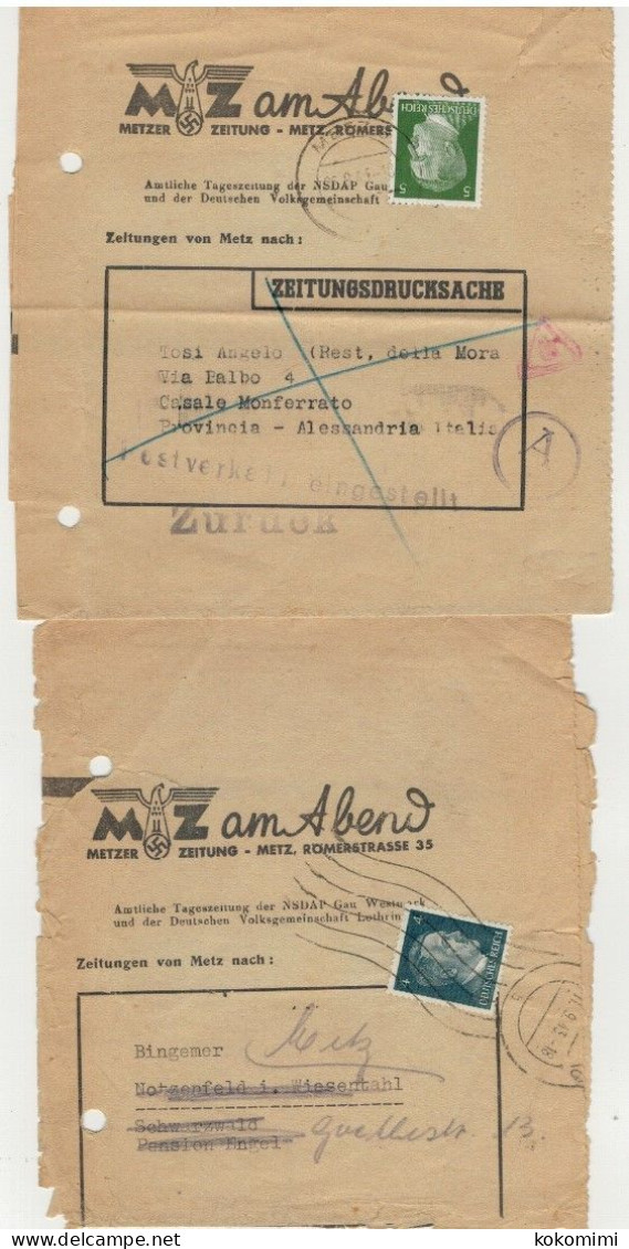 2 Bande De Journal  Obl. METZ Dont Une Pour L'Italie Avec Marque De Retour - Lettres & Documents