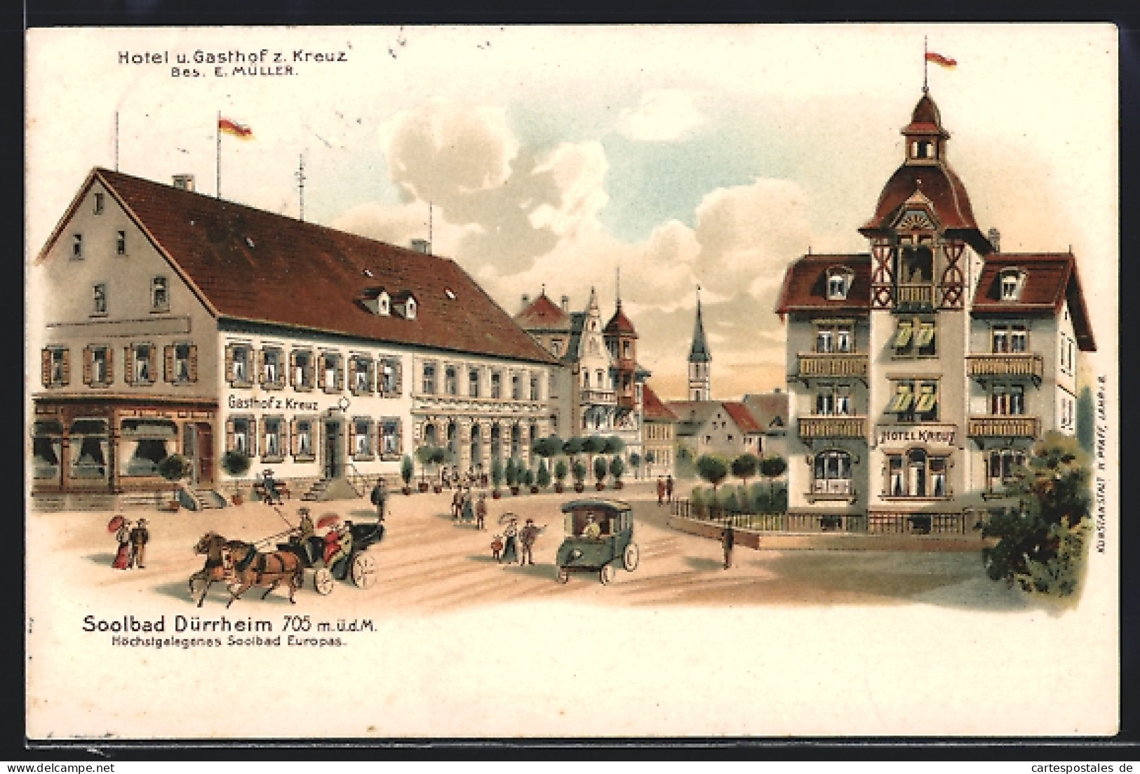 Lithographie Dürrheim, Hotel Und Gasthof Zum Kreuz Von E. Müller  - Bad Dürrheim