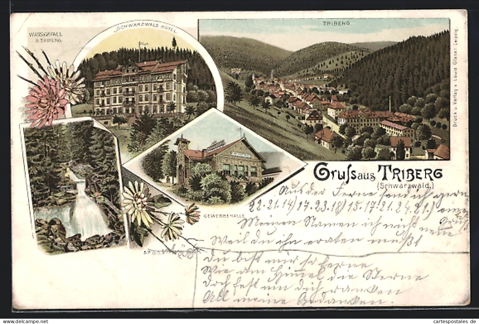 Lithographie Triberg, Ortstotale, Die Gewerbehalle, Das Schwarzwald Hotel, Der Wasserfall  - Triberg