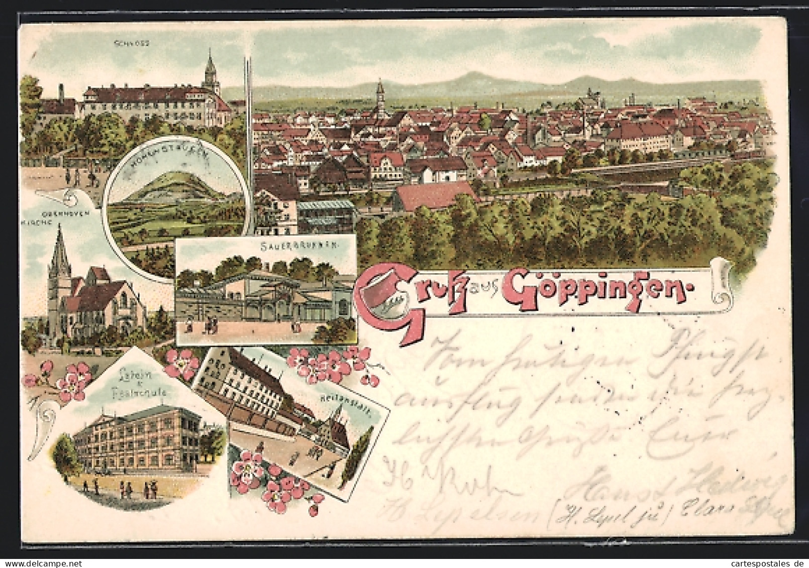 Lithographie Göppingen, Schloss, Hohenstaufen, Oberhoven-Kirche, Sauerbrunnen, Latein- Und Realschule, Heilanstalt  - Göppingen