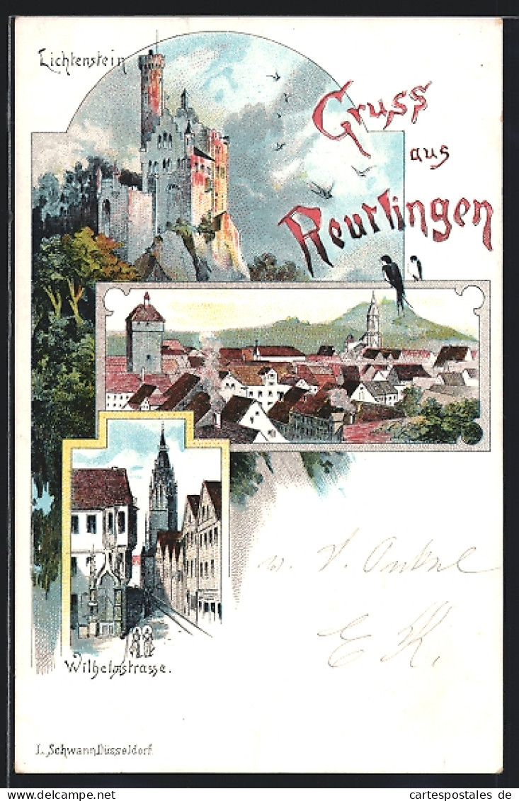 Lithographie Reutlingen, Burg Lichtenstein, Wilhelmstrasse, Ortsansicht  - Reutlingen