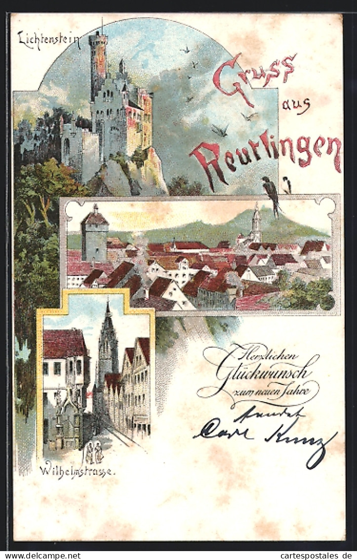 Lithographie Reutlingen, Teilansicht, Lichtenstein, Wilhelmstrasse  - Reutlingen