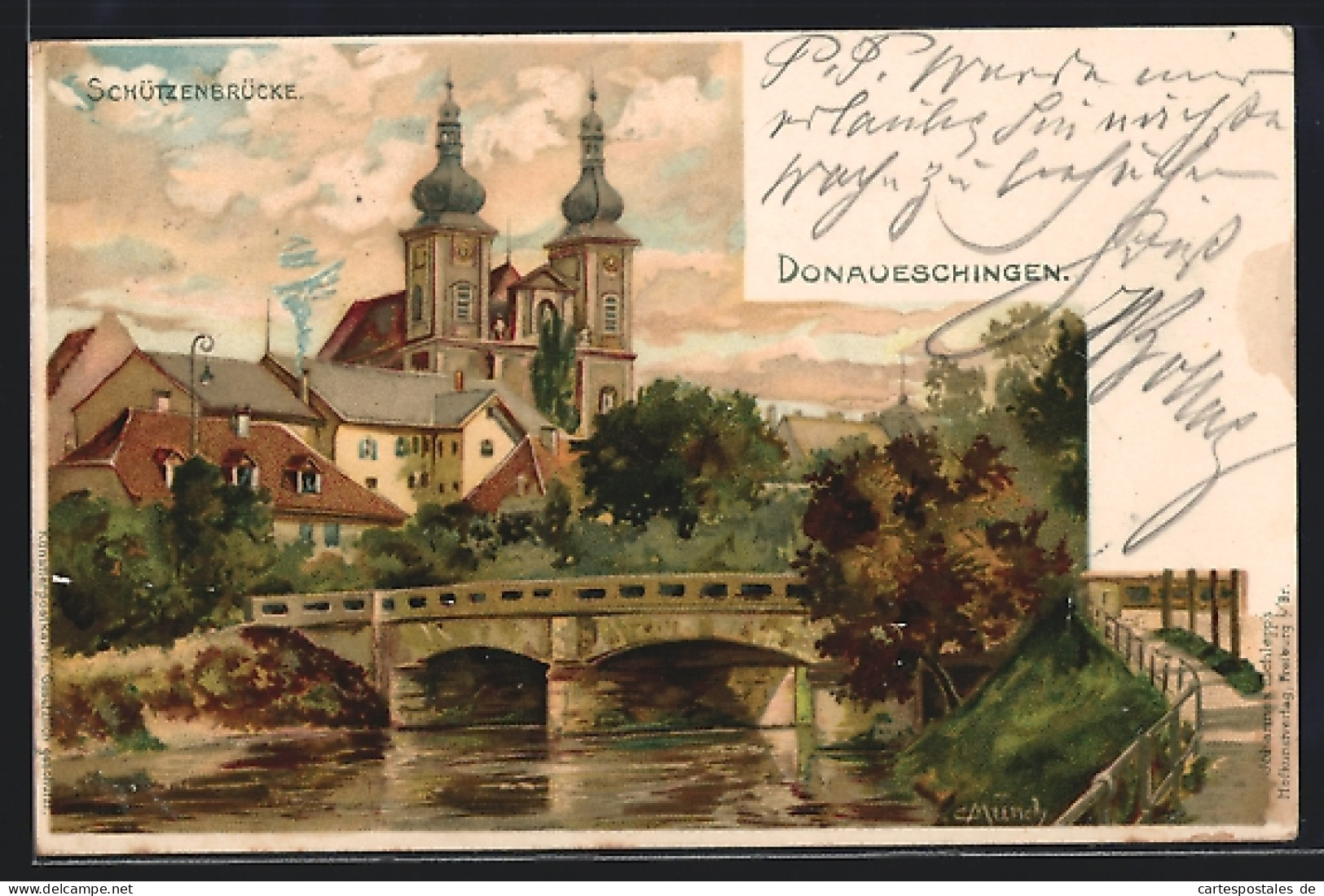 Künstler-AK Carl Münch: Donaueschingen, Brückenpartie Mit Blick Auf Die Kirche  - Donaueschingen