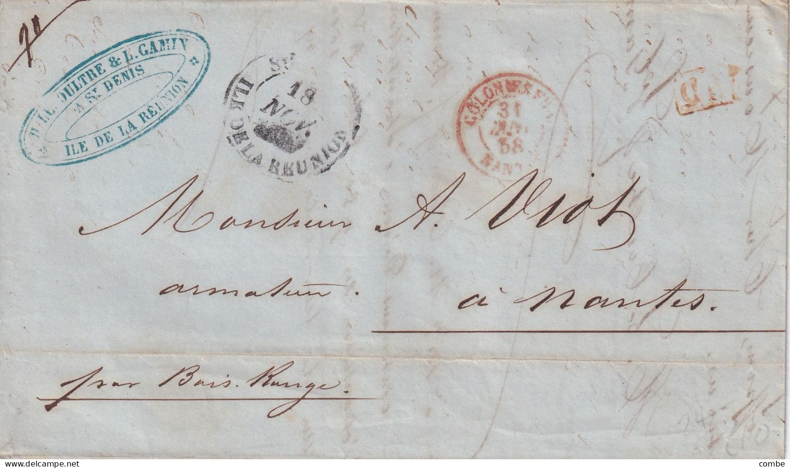 LETTRE. REUNION. 18 NOV 1857. PD. SUEZ. H.LECOULTRE & L.GAMIN. ST DENIS. PAR BOIS ROUGE. COLONIES FRA. NANTES - Briefe U. Dokumente