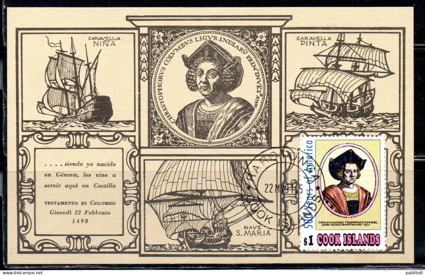 COOK ISLANDS ISOLE 1991 DISCOVERY OF AMERICA COLUMBUS CRISTOFORO COLOMBO 1$ MAXI MAXIMUM CARD - Cookinseln