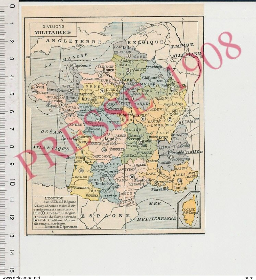 Petite Carte Géographique France 1908 Divisions Militaires Régions Corps D'Armée Brest Arrondissement Maritime Toulon - Otros & Sin Clasificación