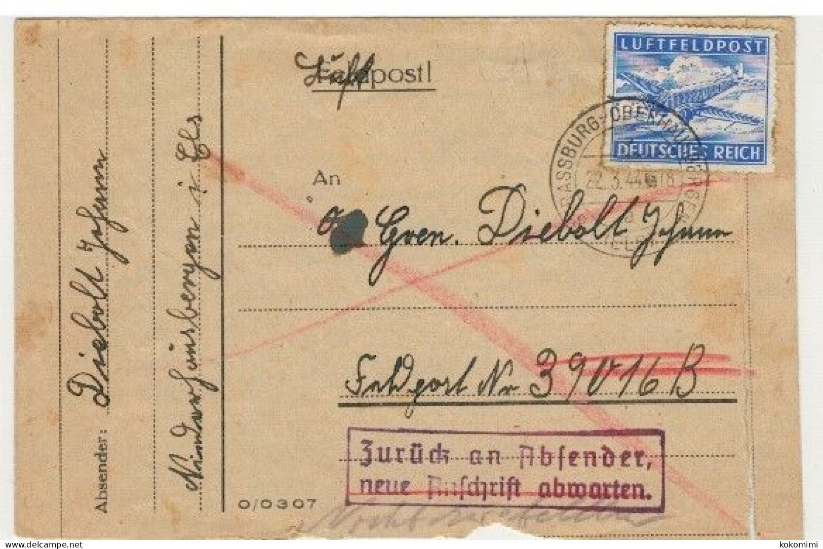 Devant De Carte Lettre Obl. STRASSBURG OBERHAUSBERGEN+ Cachet De Retour  22/3/44 - Covers & Documents