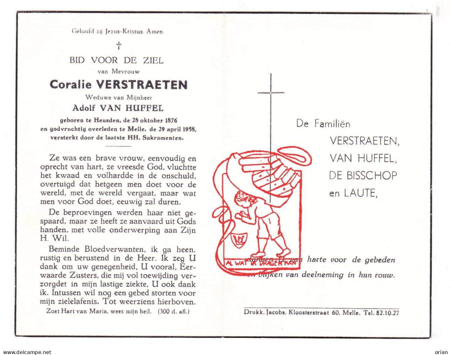 DP Coralie Verstraeten ° Heusden 1876 † Melle 1958 X Adolf Van Huffel // De Bisschop Laute - Devotion Images