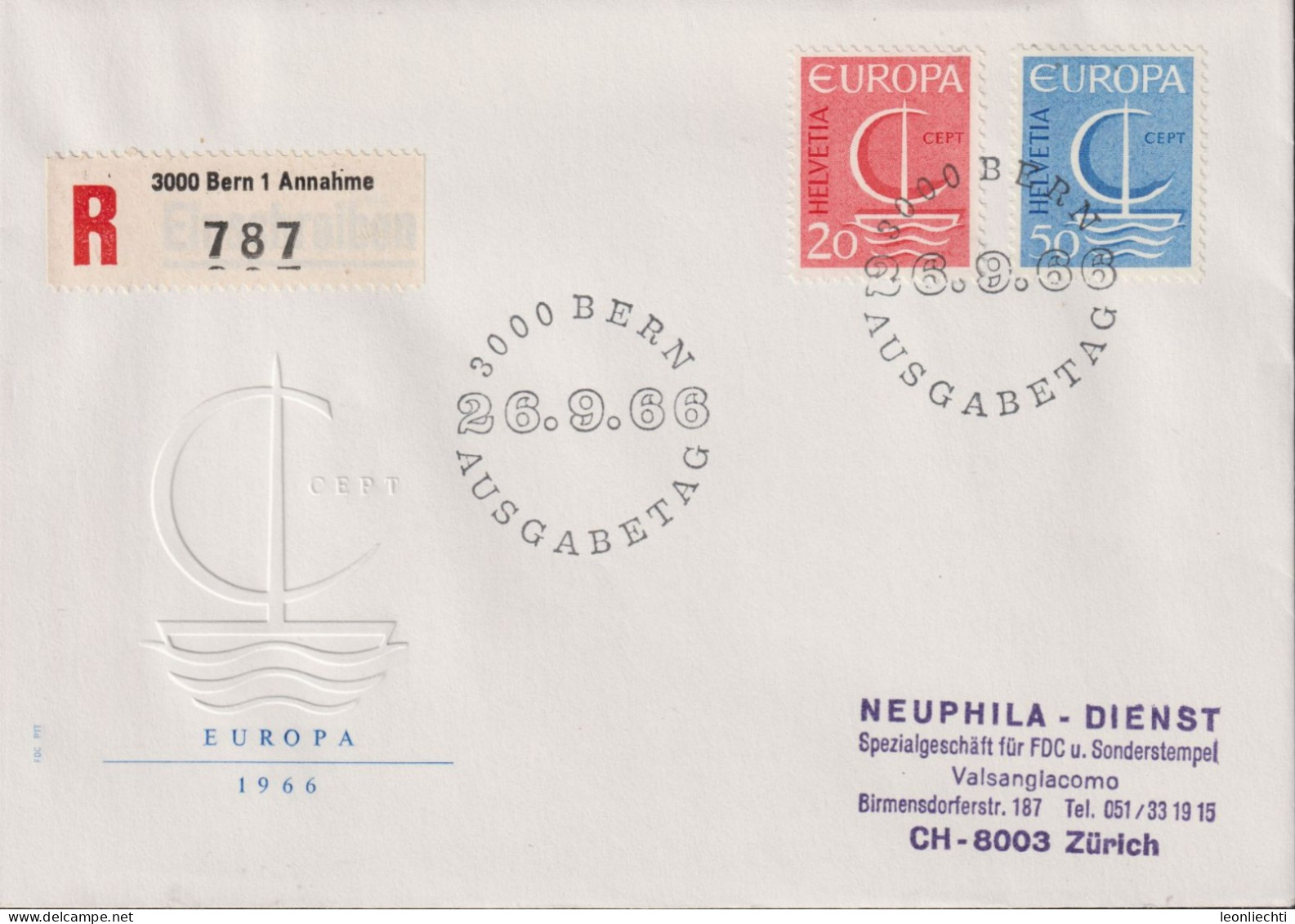 1966 Schweiz R-FDC Zum:CH 443+444, Mi:CH 843+844, EUROPA Boot - FDC