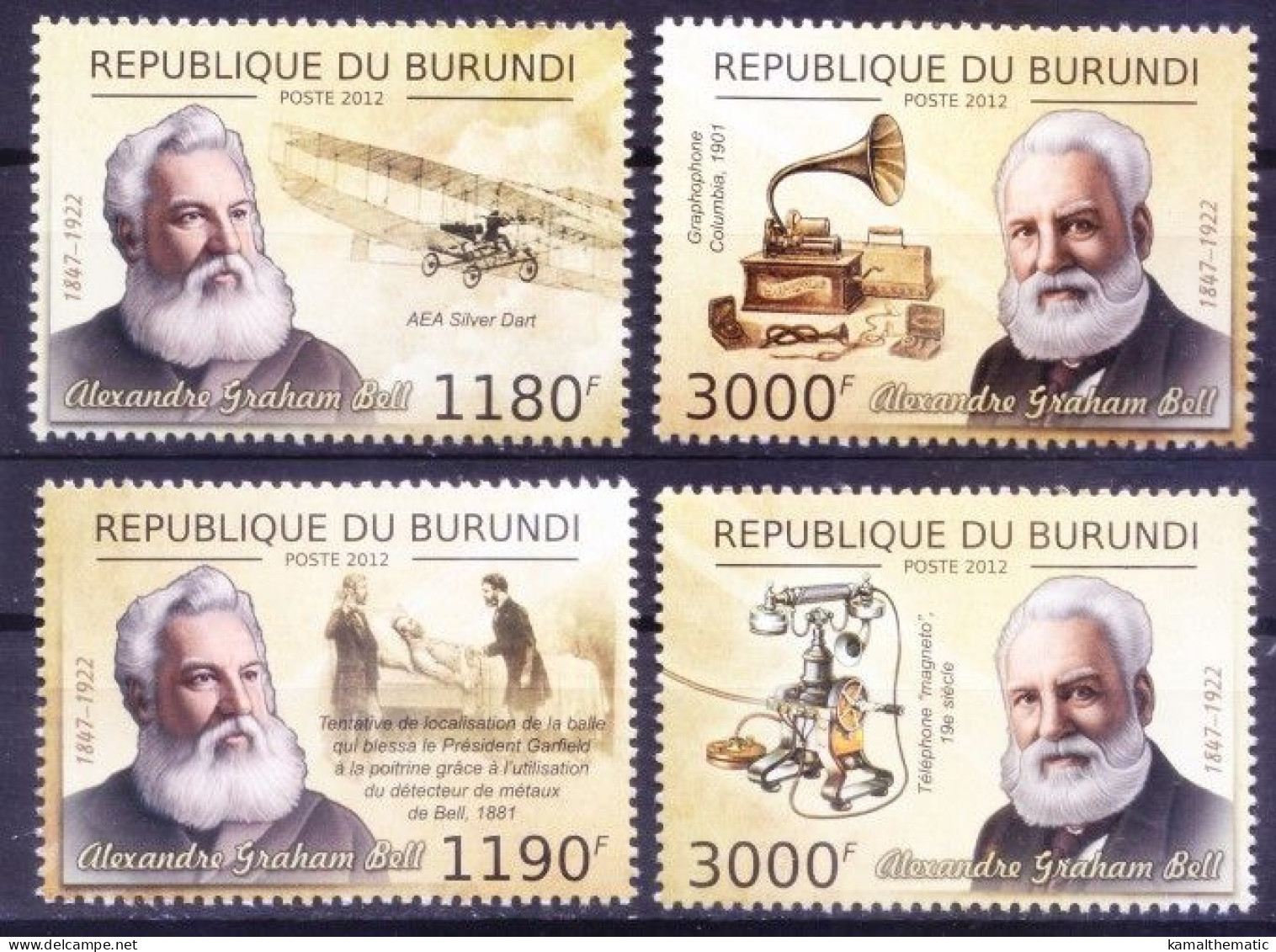 Burundi 2012 MNH 4v, Alexander Graham Bell, Aviation, Inventor, Telephone - Télécom