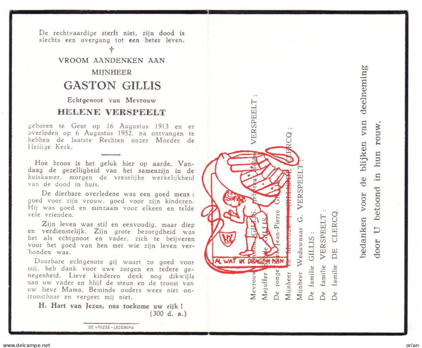 DP Gaston Gillis ° Gent 1913 † 1952 X Helene Verspeelt // De Clercq - Devotion Images