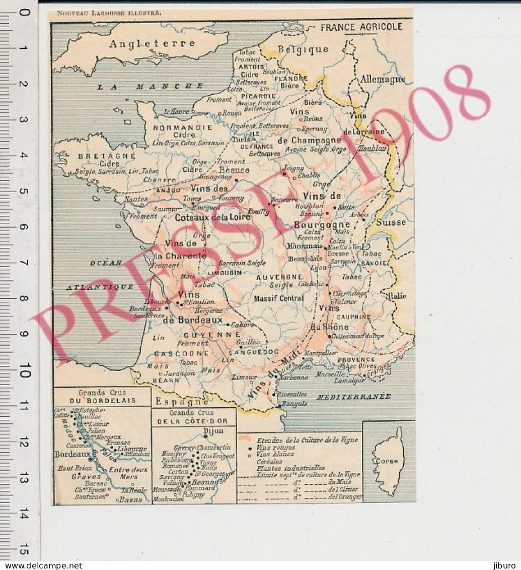 Petite Carte Géographique 1908 France Agriculture Viticulture Vins Côte D'Or Musigny Vosne Volnay Puligny Montrachet Cor - Sonstige & Ohne Zuordnung
