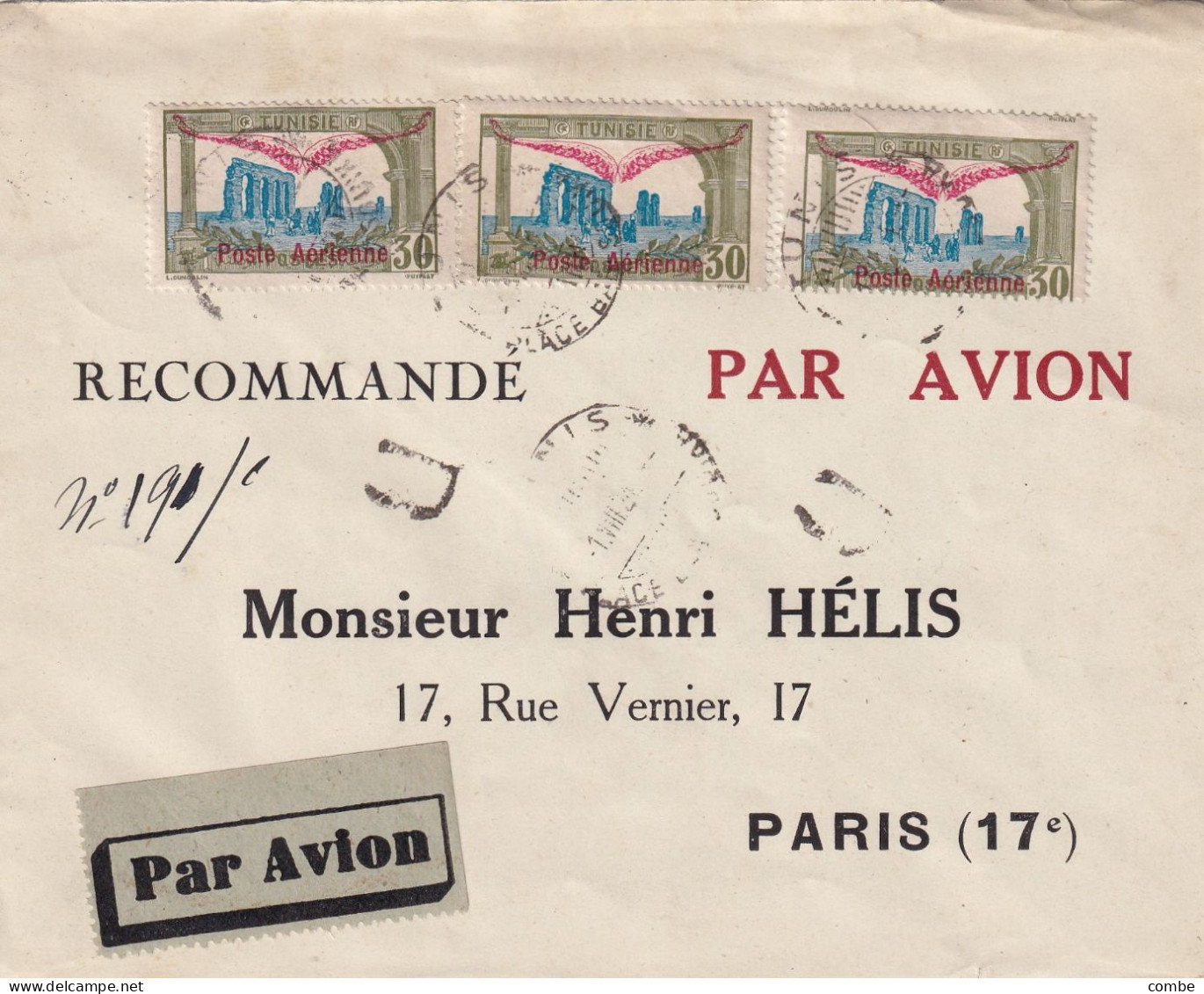 LETTRE. TUNISIE. 1 8 1924. RECOMMANDE PAR AVION TUNIS POUR PARIS. POSTE AERIENNE N° 2 X 3 - Airmail