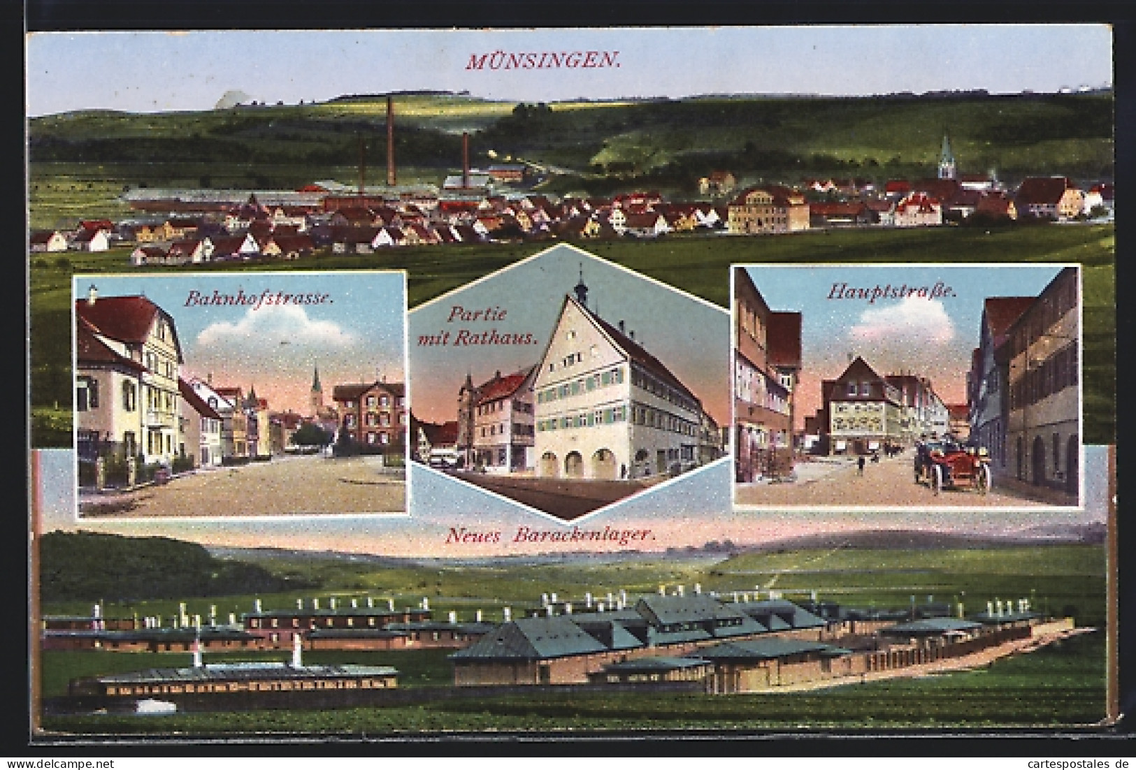 AK Münsingen, Panorama, Bahnhofstrasse, Partie Mit Rathaus, Hauptstrasse  - Muensingen