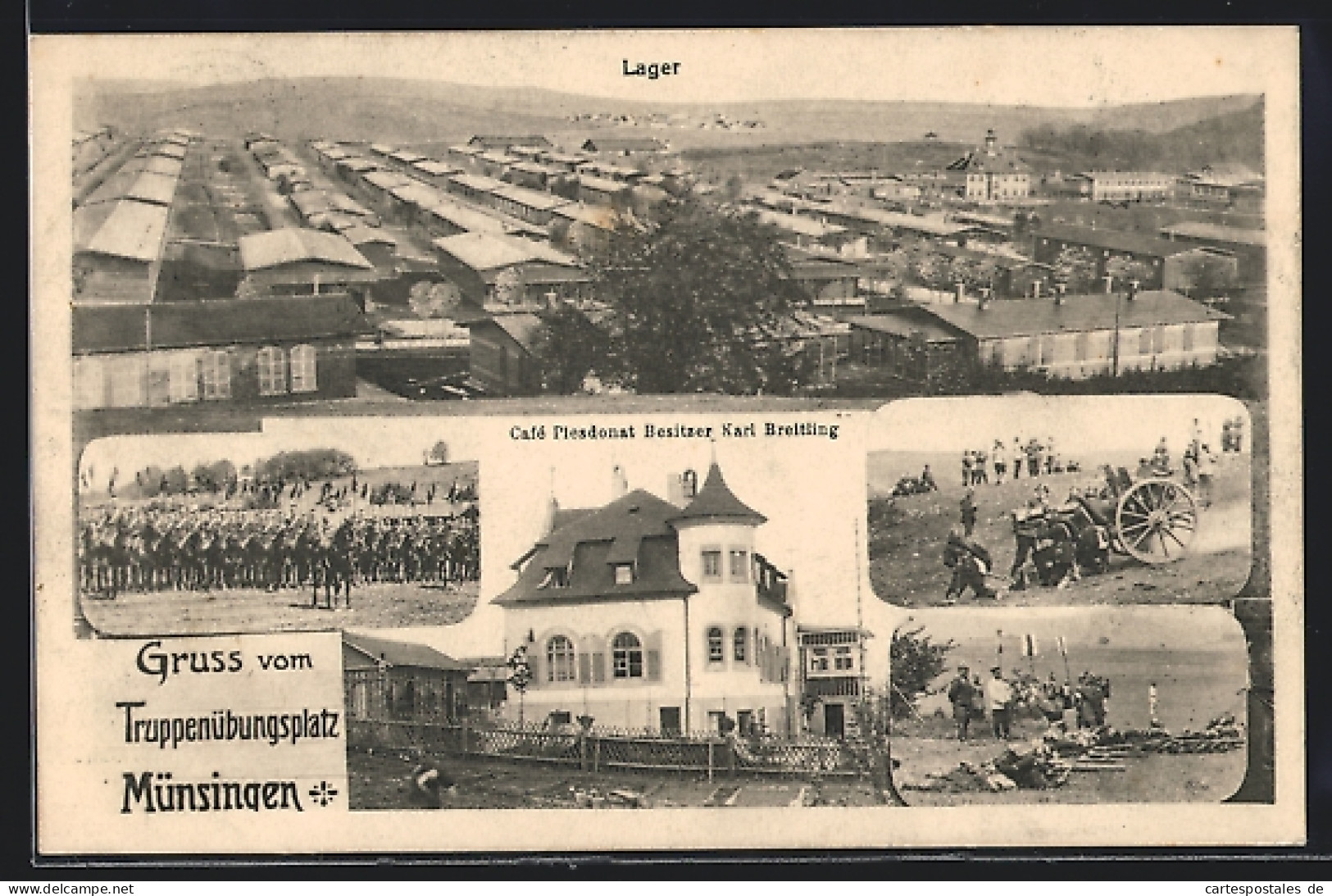 AK Münsingen / Truppenübungsplatz, Café Plesdonat, Lager, Soldaten Zur Pferde  - Münsingen