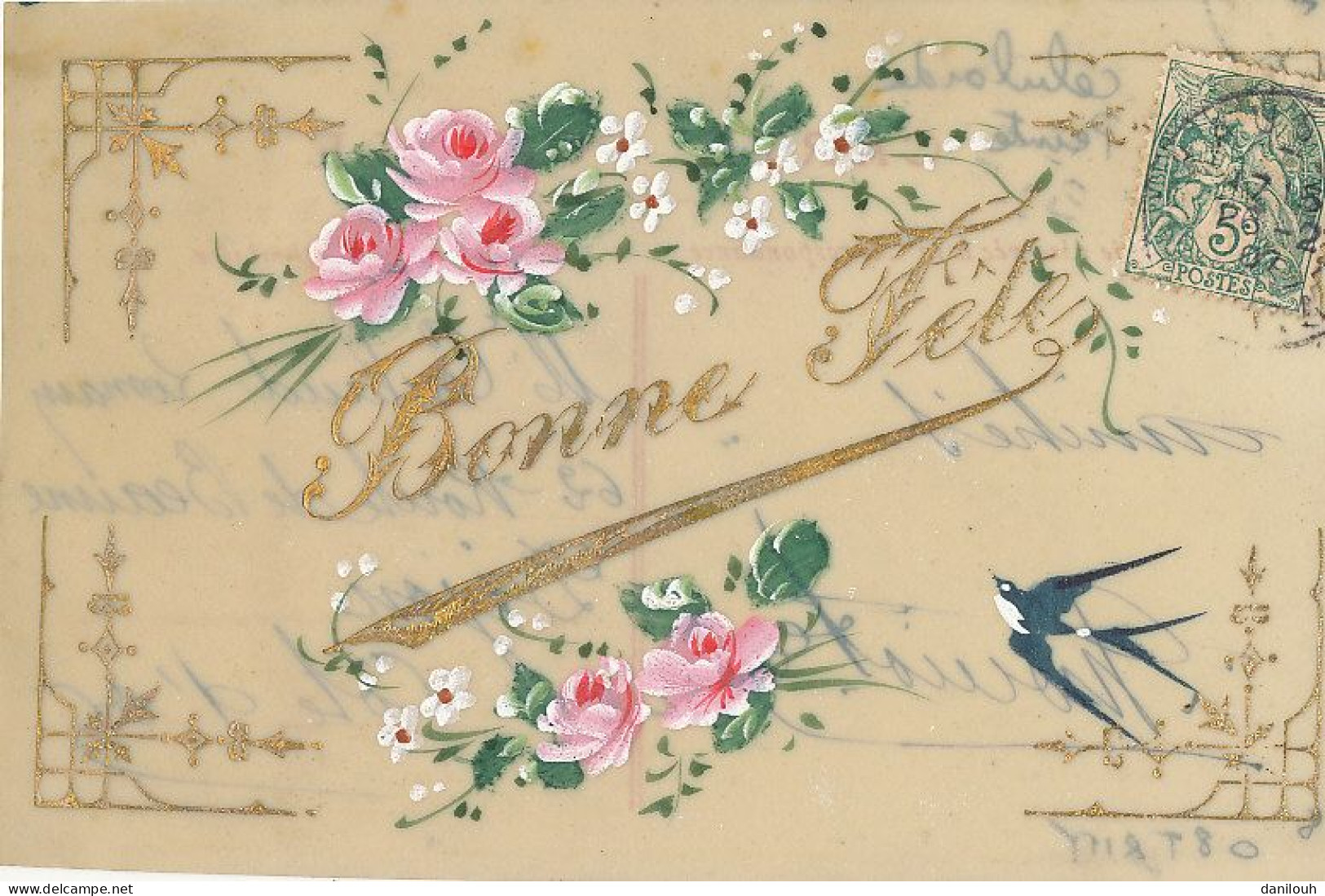 BONNE FETE / Carte Celluloid Peinte / Hirondelle - Petites Fleurs Roses - Other & Unclassified