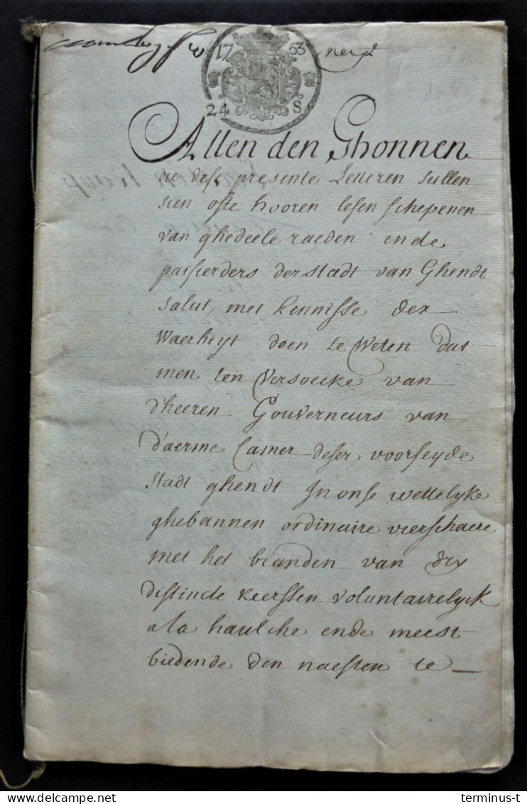 GENT Anno 1753 Verkoopacte. "Coopbrief Van Het Huys Op Den Nieuwstraat Desen 12 Octobre 1753" - Manuscripten