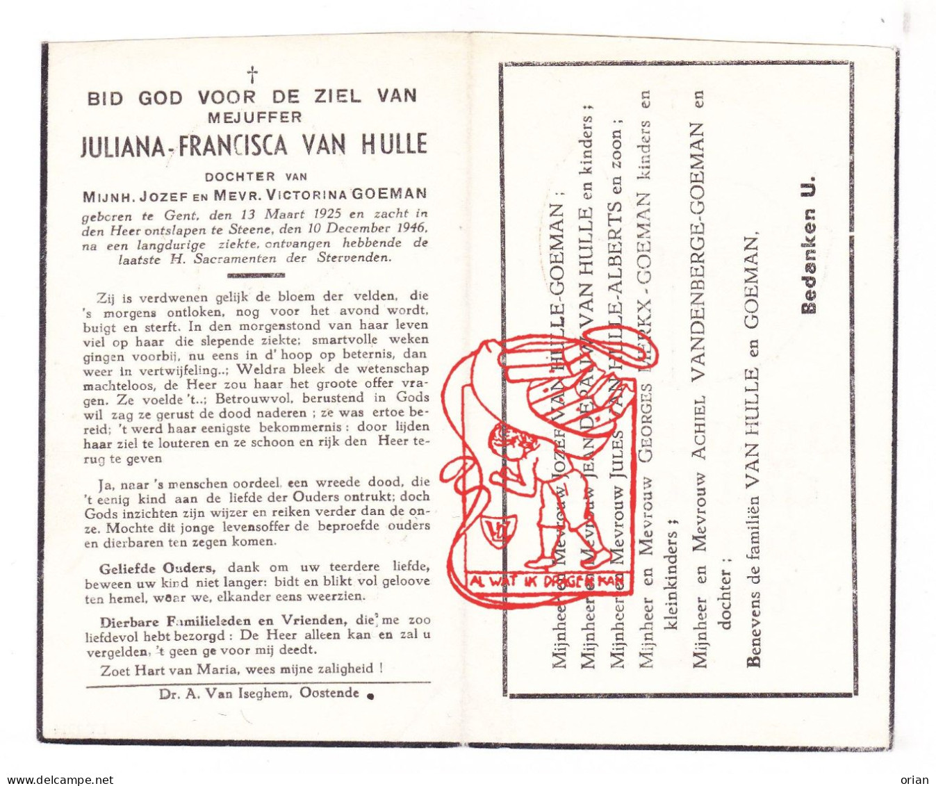 DP Juliana Francisca Van Hulle / Goeman 21j. ° Gent 1925 † Stene Oostende 1946 Depauw Alberts Merkx Vandenberge - Devotion Images
