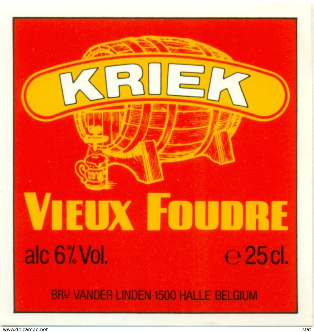 Oud Etiket Bier Kriek Vieux Foudre 25 Cl. - Brouwerij / Brasserie Van Der Linden Te Halle - Bier