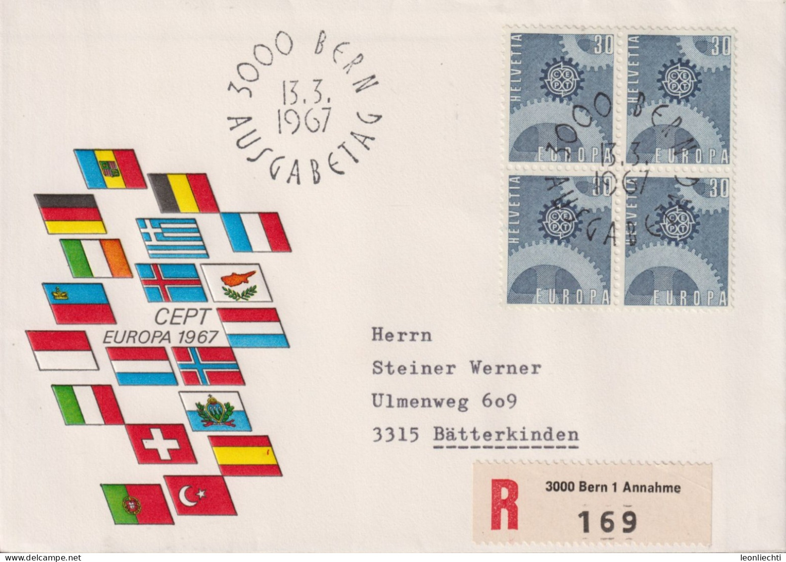 1967 Schweiz R-Brief, Zum:CH 448, Mi:CH 850, EUROPA, Zahnräder, Flaggen - Briefe U. Dokumente