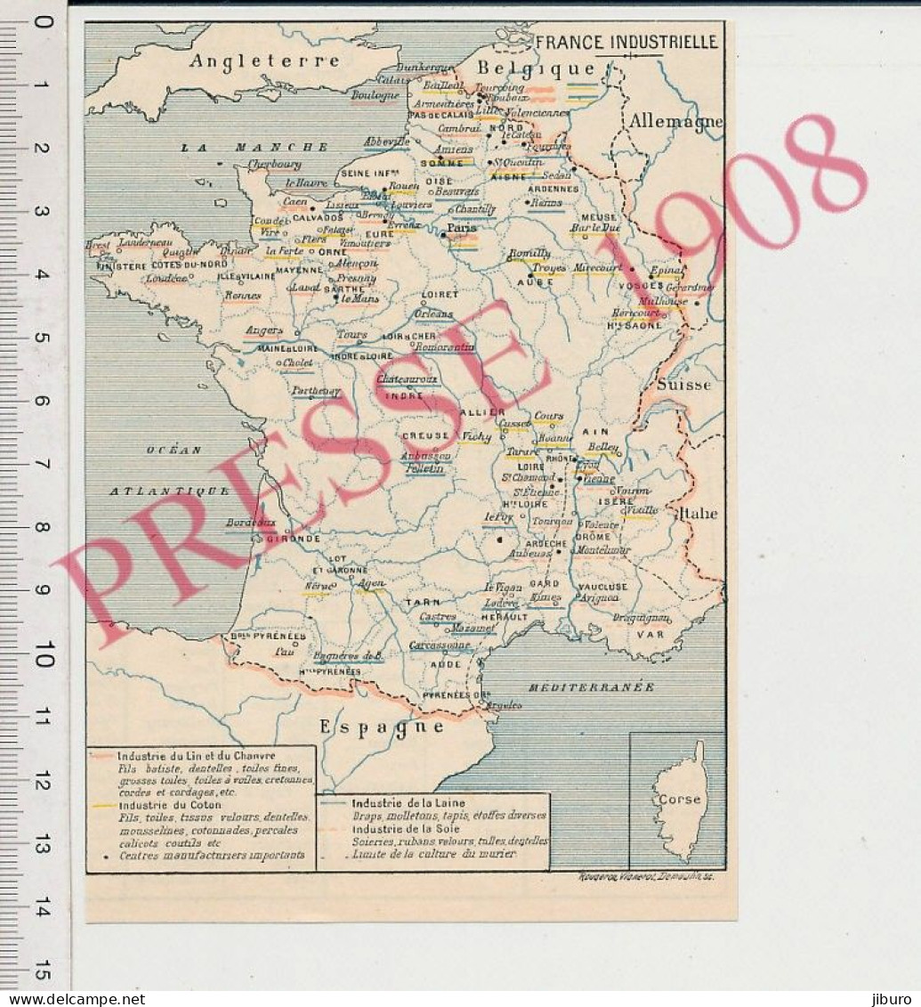 Carte Géographique 1908 France Industrielle Industrie Lin Chanvre Quintin Loudéac Coton Laine Soie Romilly 10 Tarare 69 - Andere & Zonder Classificatie