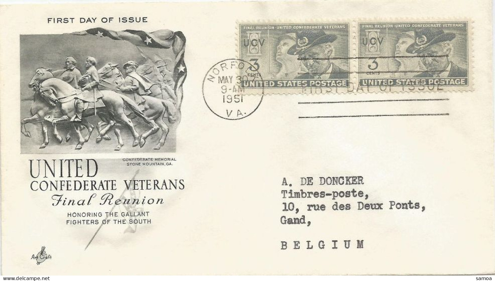 États-Unis FDC 1951 549 Paire Vétérans United Confederate Veterans Final Reunion Chevaux - 1951-1960