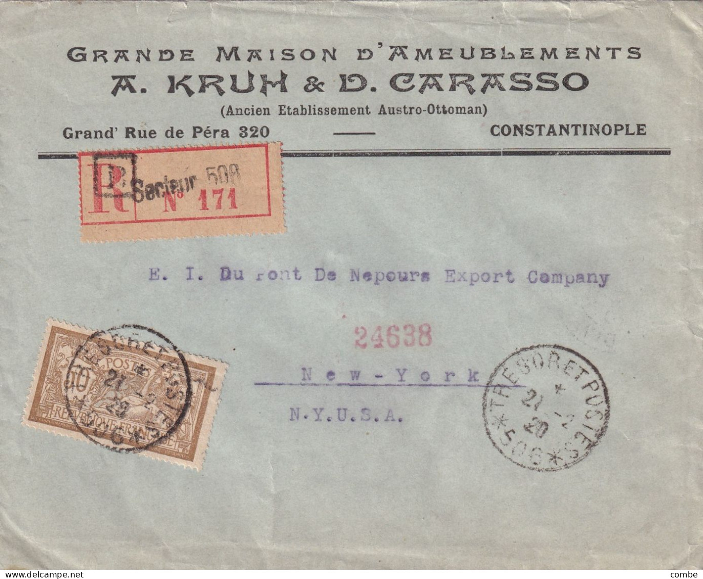 LETTRE. 21 2 1920. TRESOR ET POSTES 506. RECOMMANDE CONSTANTINOPLE. A.KRUH &D.CARASSO POUR NEW YORK - Covers & Documents