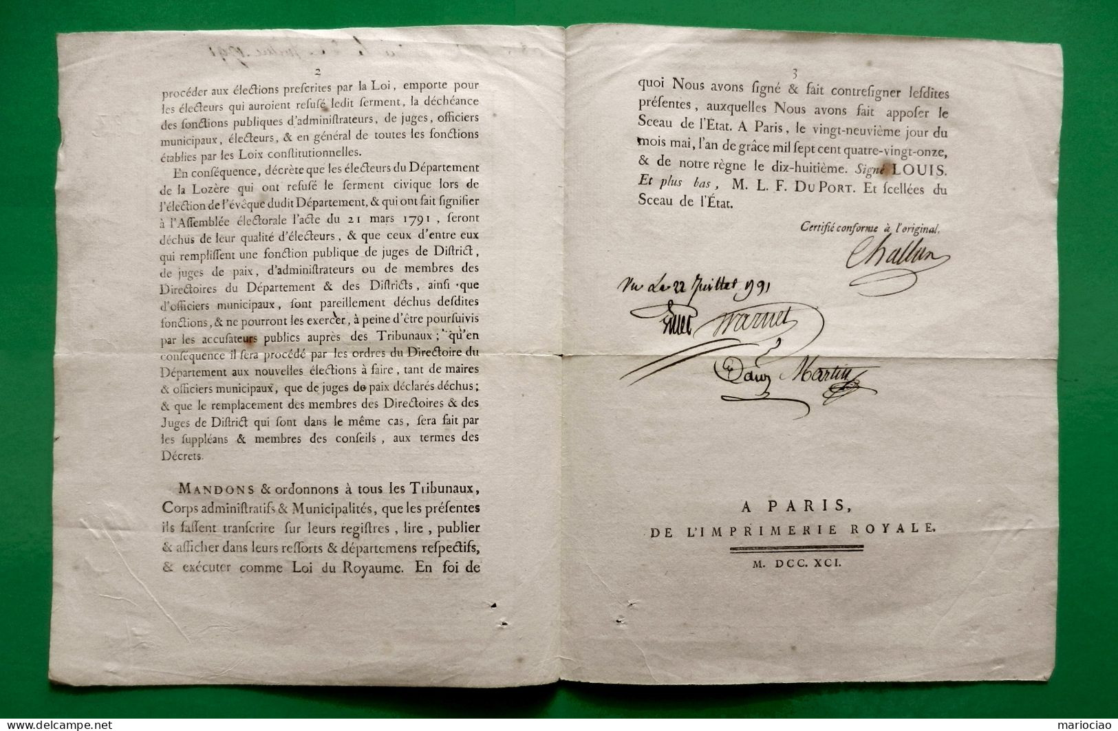D-FR Révolution 1791 Fonctionnaires Publics De La LOZERE Qui Ont Refusé De Faire Le Serment Civique - Documents Historiques