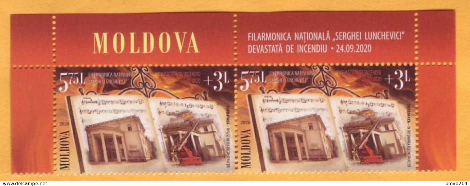 2020  Moldova Moldavie  National Philharmonic "S. Lunkevich". Music, Notes, Fire. Architecture, Surcharge 2v Mint - Music