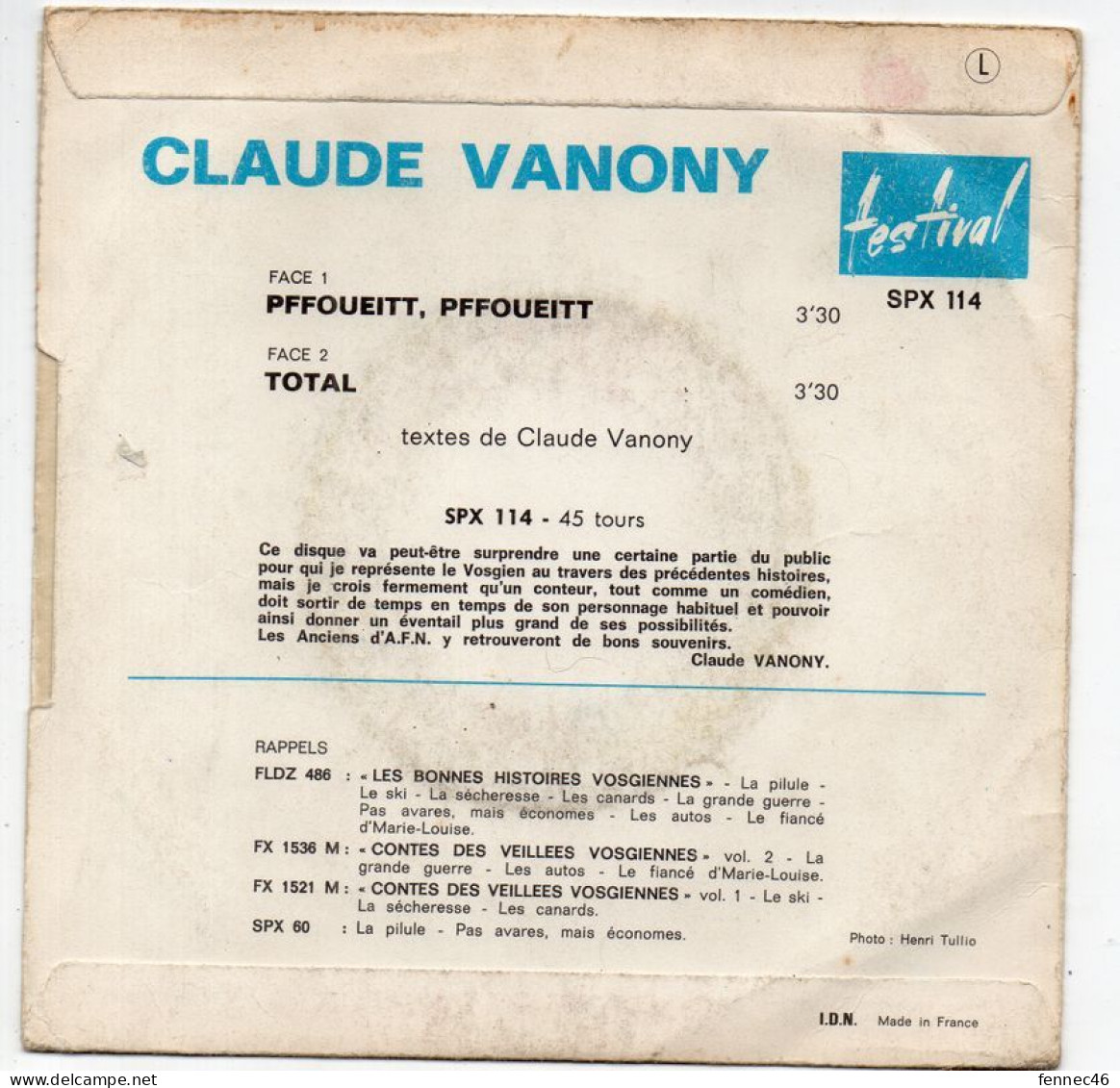 Vinyle  45T - Claude Vanony Raconte - Pffoueitt, Pffoueitt - Total - Comiques, Cabaret
