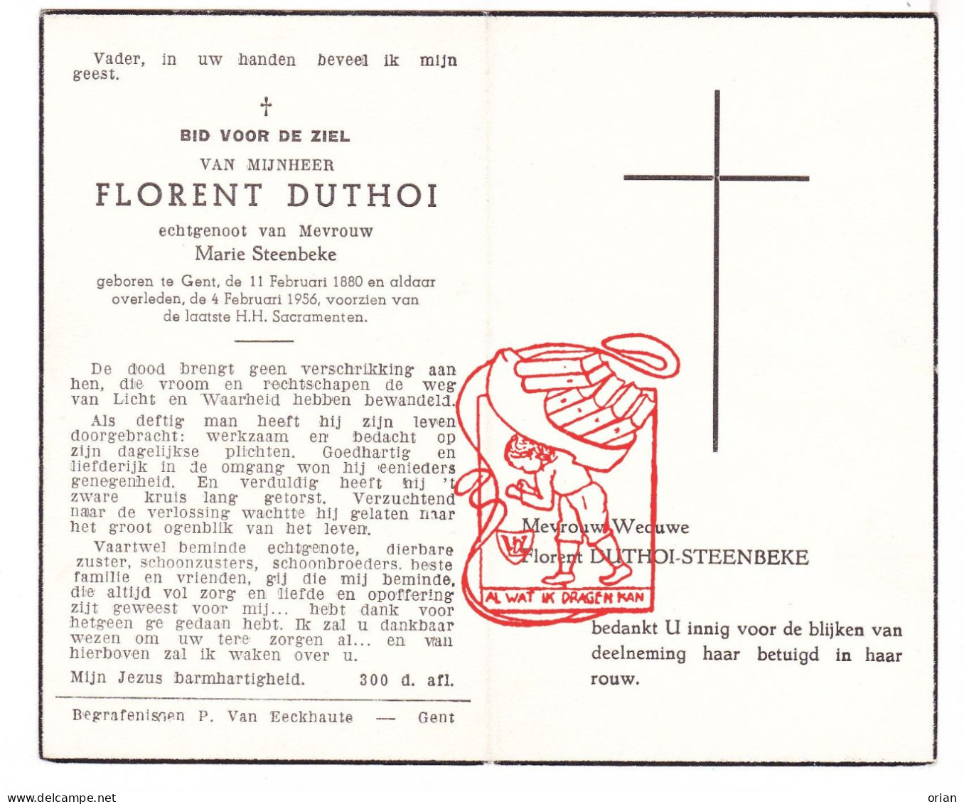 DP Florent Duthoi ° Gent 1880 † 1956 X Marie Steenbeke - Devotion Images