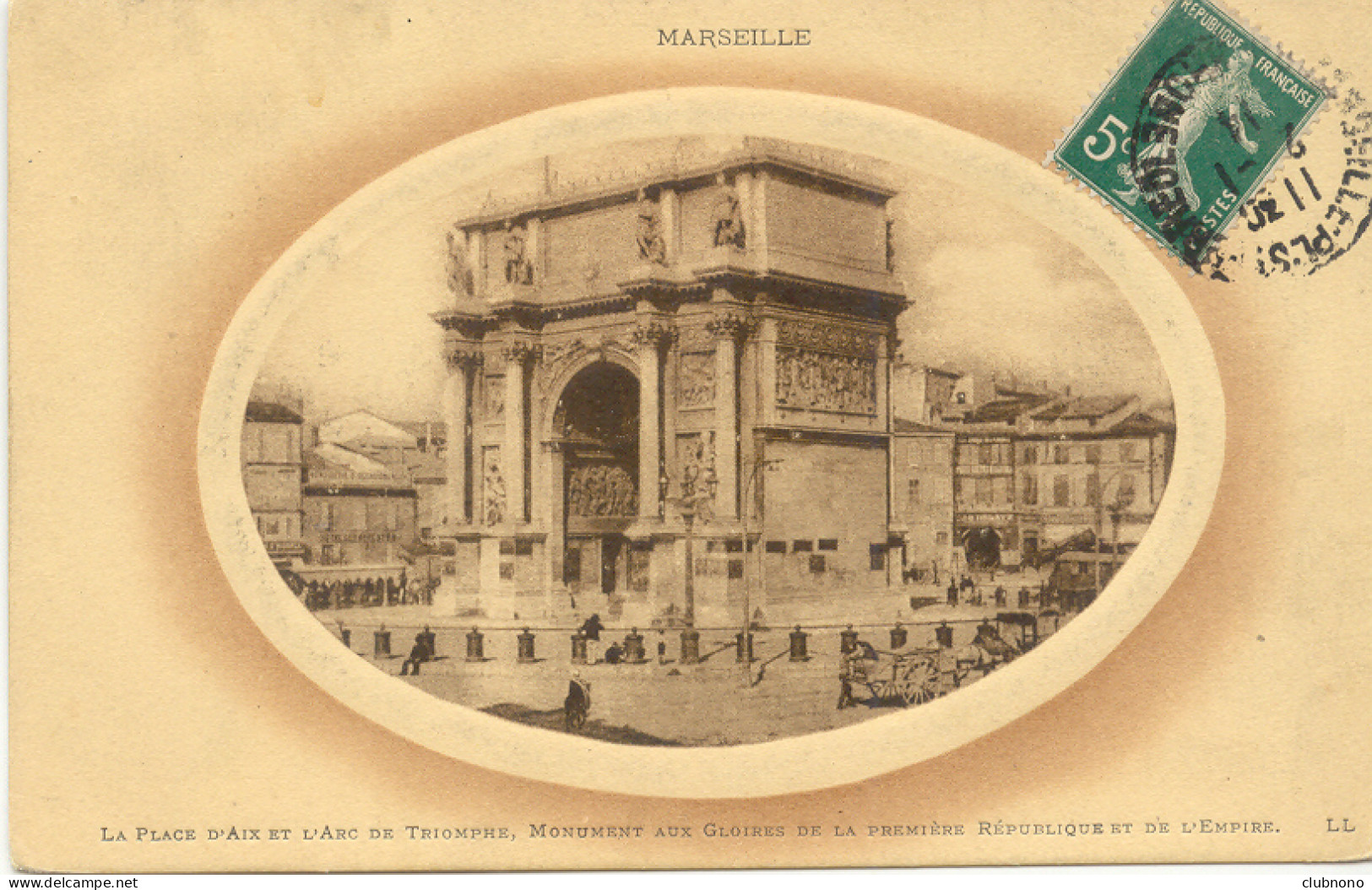 CPA - MARSEILLE - PLACE D'AIX ET ARC DE TRIOMPHE (BELLE CARTE EN MEDAILLON - 1914) - Monuments