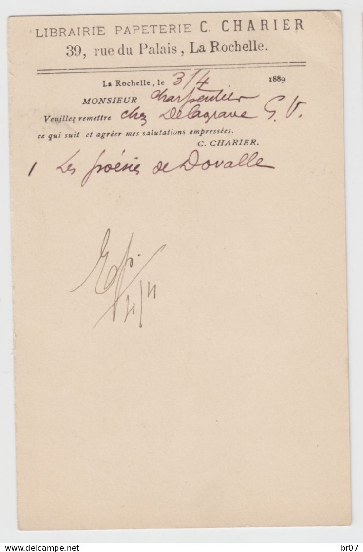 CHARENTE INFERIEURE CP ENTIER REPIQUE 1889 LA ROCHELLE T84 + VERSO REPIQUAGE LIBRAIRIE CHARIER LA ROCHELLE - 1877-1920: Semi Modern Period