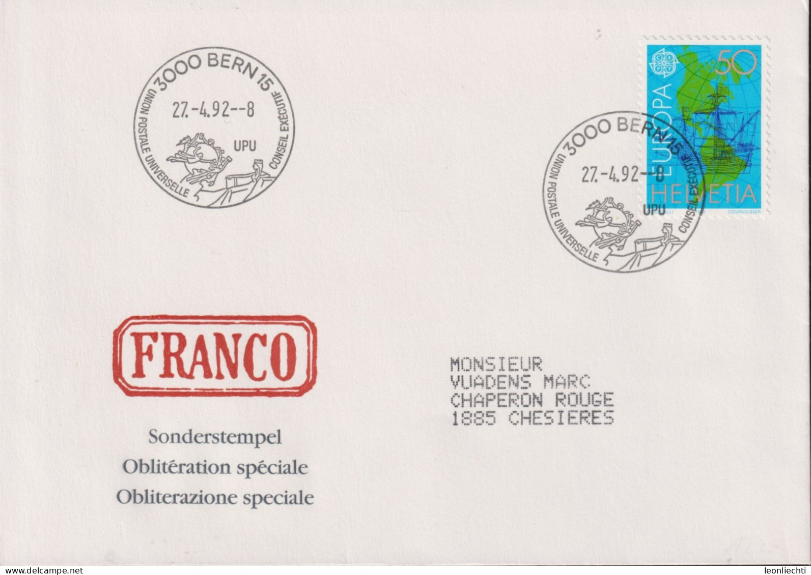 1992 Schweiz Brief, Zum:CH 826, Mi:CH 1468, EUROPA, UPU Sonderstempel, 500 J. Entdeckung Von Amerika - Brieven En Documenten