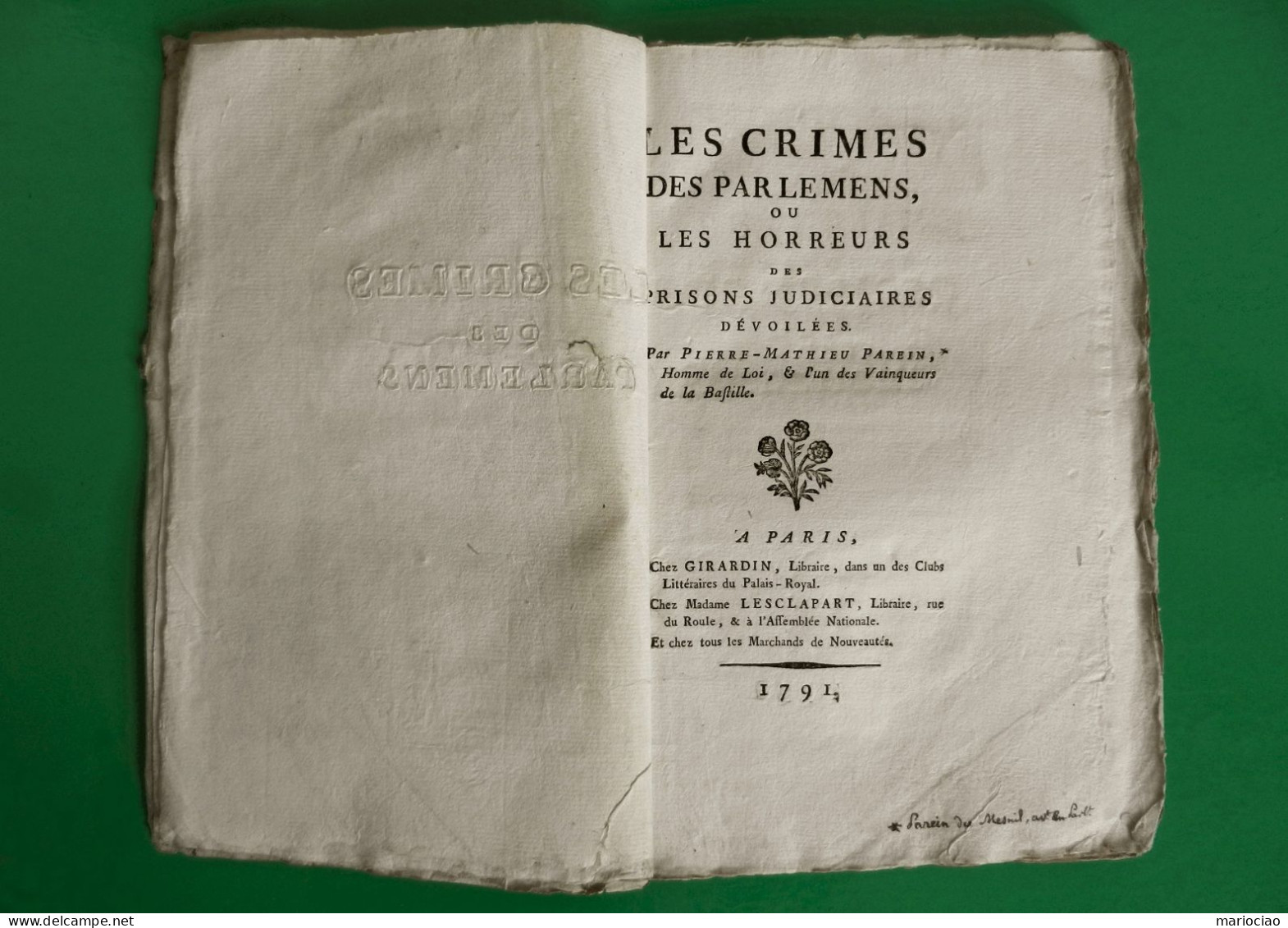 D-FR Révolution 1791 Les Crimes Des Parlemens, Ou Les Horreurs Des Prisons Judiciaires Pierre-Mathieu Parein - Documents Historiques