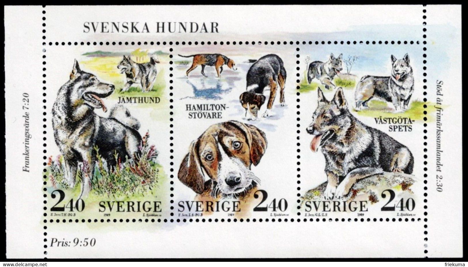 Sverige 1989, Swedish Dog Breeds: Jämtlandhund, Hamilton Sniffer Dog, West-Götaland-Spitz, MiNr. 1569-1571 - Chiens